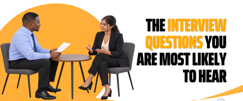 man conducting an interview with the text: The Interview Questions You Are Most Likely to Hear